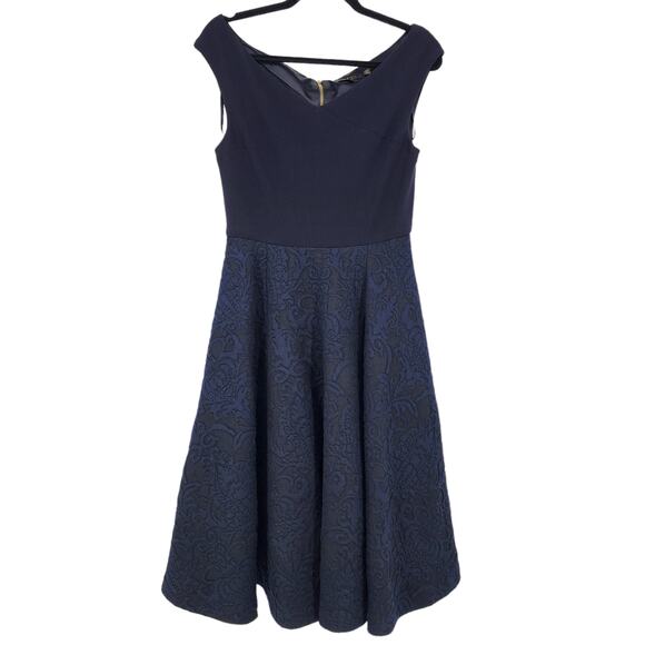Ted Baker Getris Full Skirt Navy Bardot Textured Dress Size 3/US Medium - Picture 1 of 4